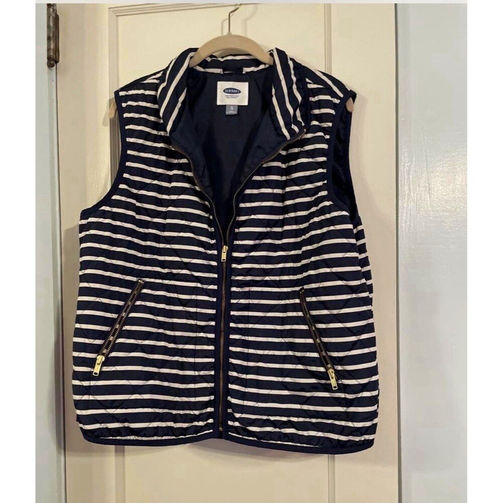 Old Navy Women's Navy/White Striped Quilted Puffer Vest Zip Pockets XL